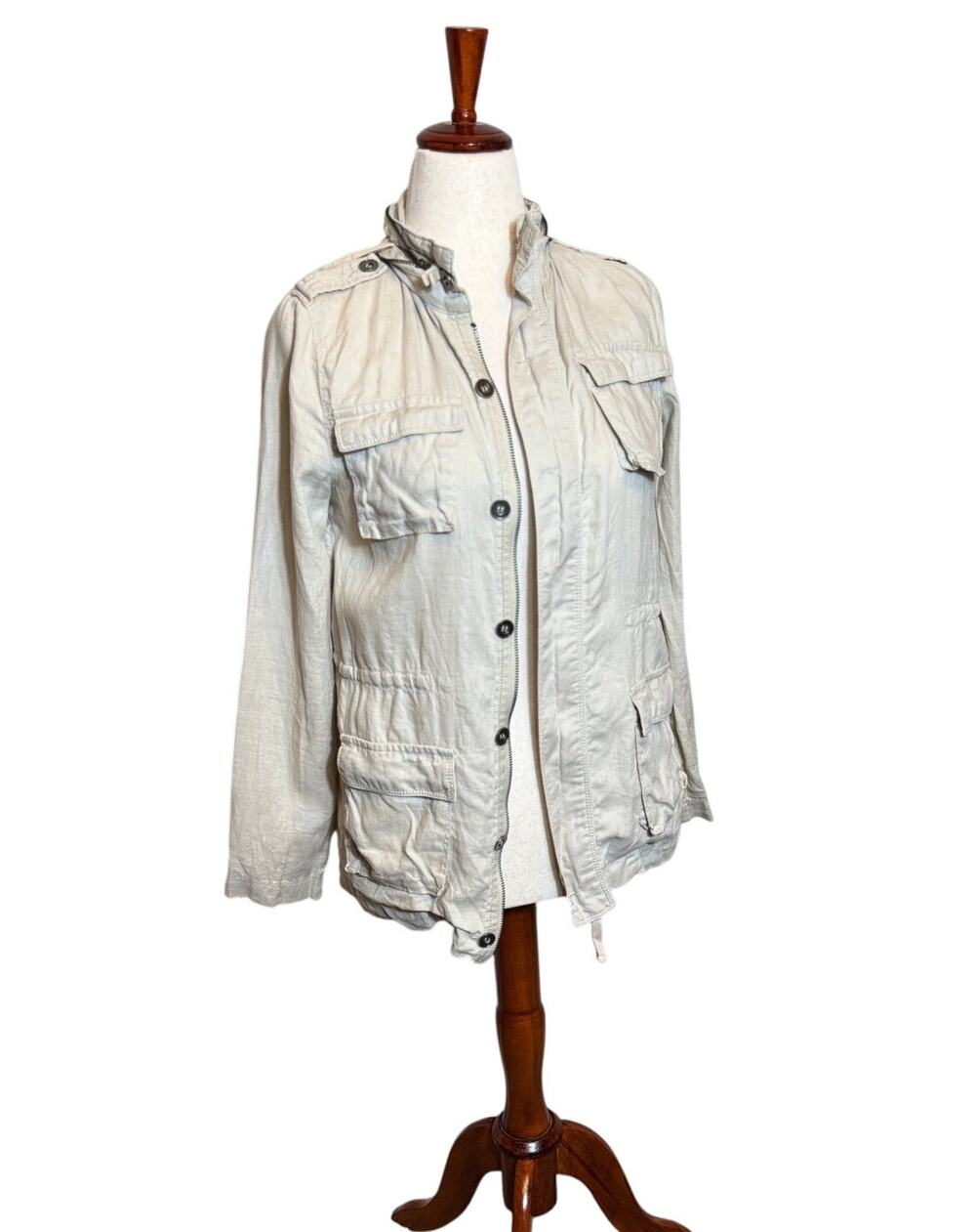 Olivia Moon jacket 100% tan linen hooded cargo utility pockets zip button sz XS